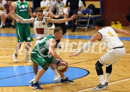 Basketball 2. Bundesliga. Grunddurchgang 13. Runde. Woerthersee Piraten gegen KOS Celovec. Lukas Simoner, Andreas Kuttnig, (Woerthersee Piraten), Erik Kralj   (KOS). Klagenfurt, am 5.1.2019.
Foto: Kuess
---
pressefotos, pressefotografie, kuess, qs, qspictures, sport, bild, bilder, bilddatenbank