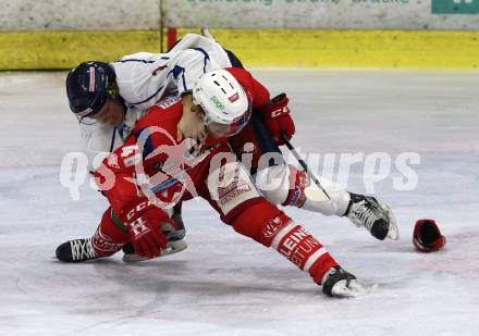 EBEL. Eishockey Bundesliga. KAC gegen	KHL Medvescak Zagreb.  Johannes Bischofberger,  (KAC), Domen Vedlin (Zagreb). Klagenfurt, am 6.1.2019.
Foto: Kuess

---
pressefotos, pressefotografie, kuess, qs, qspictures, sport, bild, bilder, bilddatenbank