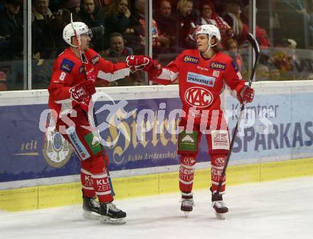 EBEL. Eishockey Bundesliga. KAC gegen	KHL Medvescak Zagreb. Torjubel  Nicholas ERic Petersen, Nikolaus Kraus (KAC). Klagenfurt, am 6.1.2019.
Foto: Kuess

---
pressefotos, pressefotografie, kuess, qs, qspictures, sport, bild, bilder, bilddatenbank