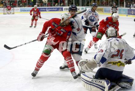 EBEL. Eishockey Bundesliga. KAC gegen	KHL Medvescak Zagreb. Andrew Jacob Kozek,  (KAC), Mitja Robar, Ivan Mikulic (Zagreb). Klagenfurt, am 6.1.2019.
Foto: Kuess

---
pressefotos, pressefotografie, kuess, qs, qspictures, sport, bild, bilder, bilddatenbank