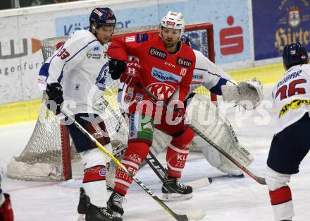 EBEL. Eishockey Bundesliga. KAC gegen	KHL Medvescak Zagreb. Andrew Jacob Kozek,  (KAC), Ivan Brencun (Zagreb). Klagenfurt, am 6.1.2019.
Foto: Kuess

---
pressefotos, pressefotografie, kuess, qs, qspictures, sport, bild, bilder, bilddatenbank