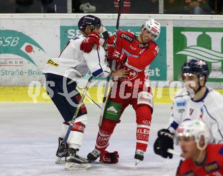 EBEL. Eishockey Bundesliga. KAC gegen	KHL Medvescak Zagreb.  Johannes Bischofberger,  (KAC), Domen Vedlin (Zagreb). Klagenfurt, am 6.1.2019.
Foto: Kuess

---
pressefotos, pressefotografie, kuess, qs, qspictures, sport, bild, bilder, bilddatenbank