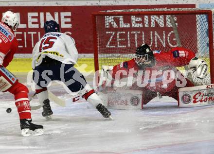 EBEL. Eishockey Bundesliga. KAC gegen	KHL Medvescak Zagreb. Lars Haugen,  (KAC), Bjorn Svensson (Zagreb). Klagenfurt, am 6.1.2019.
Foto: Kuess

---
pressefotos, pressefotografie, kuess, qs, qspictures, sport, bild, bilder, bilddatenbank