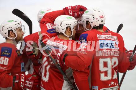 EBEL. Eishockey Bundesliga. KAC gegen	KHL Medvescak Zagreb. Torjubel Andrew Jacob Kozek, Matthew Neal, Clemens Unterweger, Steven Strong, Patrick Harand (KAC). Klagenfurt, am 6.1.2019.
Foto: Kuess

---
pressefotos, pressefotografie, kuess, qs, qspictures, sport, bild, bilder, bilddatenbank