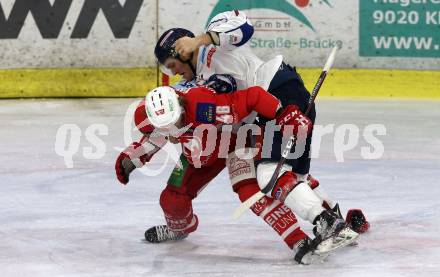 EBEL. Eishockey Bundesliga. KAC gegen	KHL Medvescak Zagreb.  Johannes Bischofberger,  (KAC), Domen Vedlin (Zagreb). Klagenfurt, am 6.1.2019.
Foto: Kuess

---
pressefotos, pressefotografie, kuess, qs, qspictures, sport, bild, bilder, bilddatenbank