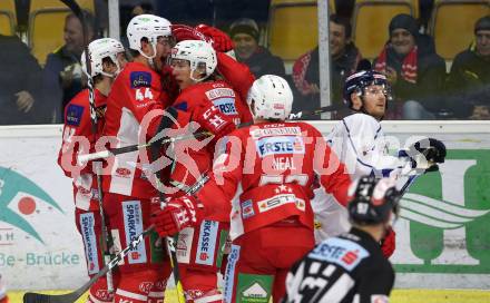 EBEL. Eishockey Bundesliga. KAC gegen	KHL Medvescak Zagreb.  Torjubel Andrew Jacob Kozek, Patrick Harand, Adam Comrie, Matthew Neal (KAC). Klagenfurt, am 6.1.2019.
Foto: Kuess

---
pressefotos, pressefotografie, kuess, qs, qspictures, sport, bild, bilder, bilddatenbank