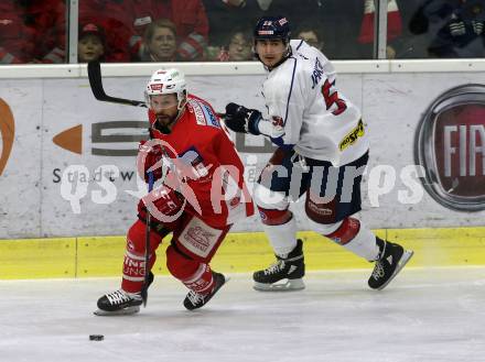 EBEL. Eishockey Bundesliga. KAC gegen	KHL Medvescak Zagreb. Thomas Koch,  (KAC), Ivan Jankovic (Zagreb). Klagenfurt, am 6.1.2019.
Foto: Kuess

---
pressefotos, pressefotografie, kuess, qs, qspictures, sport, bild, bilder, bilddatenbank