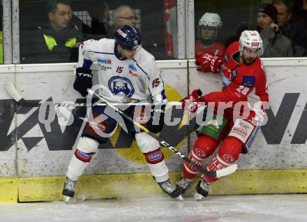 EBEL. Eishockey Bundesliga. KAC gegen	KHL Medvescak Zagreb. Martin Schumnig,  (KAC), Bjorn Svensson (Zagreb). Klagenfurt, am 6.1.2019.
Foto: Kuess

---
pressefotos, pressefotografie, kuess, qs, qspictures, sport, bild, bilder, bilddatenbank