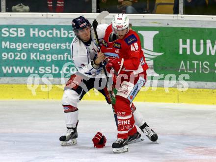 EBEL. Eishockey Bundesliga. KAC gegen	KHL Medvescak Zagreb.  Johannes Bischofberger,  (KAC), Domen Vedlin (Zagreb). Klagenfurt, am 6.1.2019.
Foto: Kuess

---
pressefotos, pressefotografie, kuess, qs, qspictures, sport, bild, bilder, bilddatenbank