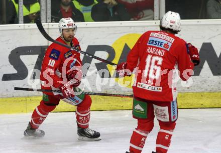EBEL. Eishockey Bundesliga. KAC gegen	KHL Medvescak Zagreb. Torjubel Andrew Jacob Kozek, Patrick Harand (KAC). Klagenfurt, am 6.1.2019.
Foto: Kuess

---
pressefotos, pressefotografie, kuess, qs, qspictures, sport, bild, bilder, bilddatenbank