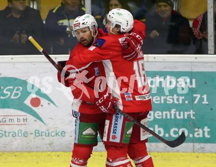 EBEL. Eishockey Bundesliga. KAC gegen	KHL Medvescak Zagreb. Torjubel Andrew Jacob Kozek, Patrick Harand (KAC). Klagenfurt, am 6.1.2019.
Foto: Kuess

---
pressefotos, pressefotografie, kuess, qs, qspictures, sport, bild, bilder, bilddatenbank