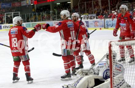 EBEL. Eishockey Bundesliga. KAC gegen	KHL Medvescak Zagreb. Torjubel Andrew Jacob Kozek,  Matthew Neal, Thomas Koch, Nicholas ERic Petersen (KAC). Klagenfurt, am 6.1.2019.
Foto: Kuess

---
pressefotos, pressefotografie, kuess, qs, qspictures, sport, bild, bilder, bilddatenbank