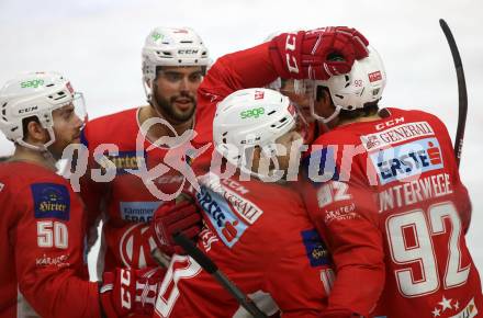 EBEL. Eishockey Bundesliga. KAC gegen	KHL Medvescak Zagreb. Torjubel Andrew Jacob Kozek, Matthew Neal, Clemens Unterweger, Steven Strong, Patrick Harand (KAC). Klagenfurt, am 6.1.2019.
Foto: Kuess

---
pressefotos, pressefotografie, kuess, qs, qspictures, sport, bild, bilder, bilddatenbank