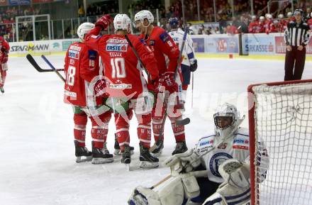 EBEL. Eishockey Bundesliga. KAC gegen	KHL Medvescak Zagreb. Torjubel Andrew Jacob Kozek,  Matthew Neal, Thomas Koch, Nicholas ERic Petersen (KAC). Klagenfurt, am 6.1.2019.
Foto: Kuess

---
pressefotos, pressefotografie, kuess, qs, qspictures, sport, bild, bilder, bilddatenbank