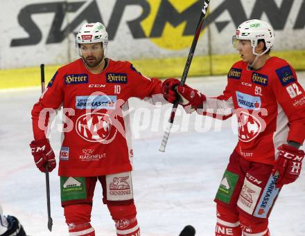 EBEL. Eishockey Bundesliga. KAC gegen	KHL Medvescak Zagreb. Torjubel Andrew Jacob Kozek, Clemens Unterweger (KAC). Klagenfurt, am 6.1.2019.
Foto: Kuess

---
pressefotos, pressefotografie, kuess, qs, qspictures, sport, bild, bilder, bilddatenbank