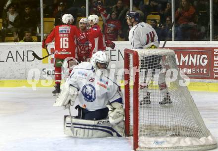 EBEL. Eishockey Bundesliga. KAC gegen	KHL Medvescak Zagreb. Torjubel Andrew Jacob Kozek, Patrick Harand, Matthew Neal (KAC). Klagenfurt, am 6.1.2019.
Foto: Kuess

---
pressefotos, pressefotografie, kuess, qs, qspictures, sport, bild, bilder, bilddatenbank