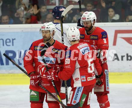 EBEL. Eishockey Bundesliga. KAC gegen	KHL Medvescak Zagreb. Torjubel Andrew Jacob Kozek,  Matthew Neal, David Joseph Fischer, (KAC). Klagenfurt, am 6.1.2019.
Foto: Kuess

---
pressefotos, pressefotografie, kuess, qs, qspictures, sport, bild, bilder, bilddatenbank