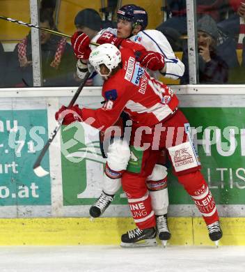 EBEL. Eishockey Bundesliga. KAC gegen	KHL Medvescak Zagreb. Johannes Bischofberger,  (KAC), Domen Vedlin (Zagreb). Klagenfurt, am 6.1.2019.
Foto: Kuess

---
pressefotos, pressefotografie, kuess, qs, qspictures, sport, bild, bilder, bilddatenbank