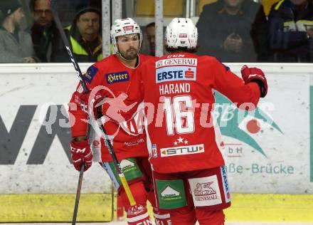 EBEL. Eishockey Bundesliga. KAC gegen	KHL Medvescak Zagreb. Torjubel Andrew Jacob Kozek, Patrick Harand (KAC). Klagenfurt, am 6.1.2019.
Foto: Kuess

---
pressefotos, pressefotografie, kuess, qs, qspictures, sport, bild, bilder, bilddatenbank