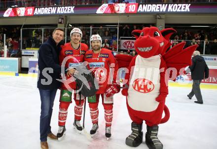 EBEL. Eishockey Bundesliga. KAC gegen	KHL Medvescak Zagreb. Nicholas Eric Petersen, Spieler des Abends Andrew Jacob Kozek (KAC). Klagenfurt, am 6.1.2019.
Foto: Kuess

---
pressefotos, pressefotografie, kuess, qs, qspictures, sport, bild, bilder, bilddatenbank