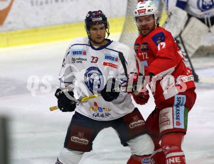 EBEL. Eishockey Bundesliga. KAC gegen	KHL Medvescak Zagreb. Siim Liivik,  (KAC), Ivan Brencun (Zagreb). Klagenfurt, am 6.1.2019.
Foto: Kuess

---
pressefotos, pressefotografie, kuess, qs, qspictures, sport, bild, bilder, bilddatenbank