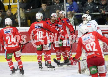 EBEL. Eishockey Bundesliga. KAC gegen	KHL Medvescak Zagreb. Torjubel Andrew Kozek, Matthew Neal, Philipp Kreuzer, Steven Strong,  (KAC). Klagenfurt, am 8.1.2019.
Foto: Kuess

---
pressefotos, pressefotografie, kuess, qs, qspictures, sport, bild, bilder, bilddatenbank