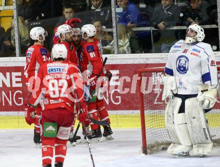 EBEL. Eishockey Bundesliga. KAC gegen	KHL Medvescak Zagreb. Torjubel Andrew Kozek, Matthew Neal, Philipp Kreuzer, Steven Strong, Clemens Unterweger (KAC). Klagenfurt, am 8.1.2019.
Foto: Kuess

---
pressefotos, pressefotografie, kuess, qs, qspictures, sport, bild, bilder, bilddatenbank