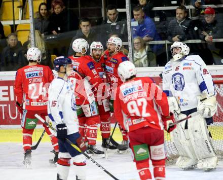 EBEL. Eishockey Bundesliga. KAC gegen	KHL Medvescak Zagreb. Torjubel Andrew Kozek, Matthew Neal, Philipp Kreuzer, Steven Strong, Clemens Unterweger (KAC). Klagenfurt, am 8.1.2019.
Foto: Kuess

---
pressefotos, pressefotografie, kuess, qs, qspictures, sport, bild, bilder, bilddatenbank