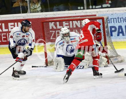 EBEL. Eishockey Bundesliga. KAC gegen	KHL Medvescak Zagreb. Thomas Koch,  (KAC), Tihomir Filipec (Zagreb). Klagenfurt, am 8.1.2019.
Foto: Kuess

---
pressefotos, pressefotografie, kuess, qs, qspictures, sport, bild, bilder, bilddatenbank