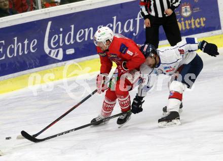 EBEL. Eishockey Bundesliga. KAC gegen	KHL Medvescak Zagreb. Nicholas Petersen, (KAC), Mitja Robar  (Zagreb). Klagenfurt, am 8.1.2019.
Foto: Kuess

---
pressefotos, pressefotografie, kuess, qs, qspictures, sport, bild, bilder, bilddatenbank