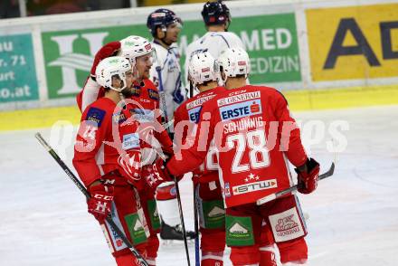 EBEL. Eishockey Bundesliga. KAC gegen	KHL Medvescak Zagreb. Torjubel Steven Strong, Martin Schumnig, Thomas Koch, Nicholas Petersen (KAC). Klagenfurt, am 8.1.2019.
Foto: Kuess

---
pressefotos, pressefotografie, kuess, qs, qspictures, sport, bild, bilder, bilddatenbank