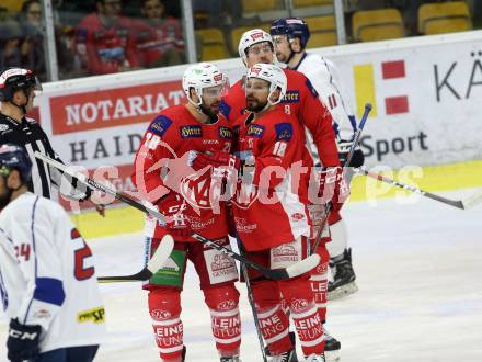 EBEL. Eishockey Bundesliga. KAC gegen	KHL Medvescak Zagreb. Torjubel Thomas Koch, Martin Schumnig (KAC). Klagenfurt, am 8.1.2019.
Foto: Kuess

---
pressefotos, pressefotografie, kuess, qs, qspictures, sport, bild, bilder, bilddatenbank