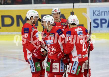 EBEL. Eishockey Bundesliga. KAC gegen	KHL Medvescak Zagreb. Torjubel Thomas Hundertpfund, Johannes Bischofberger, Mitch Wahl, Clemens Unterweger, Steven Strong (KAC). Klagenfurt, am 8.1.2019.
Foto: Kuess

---
pressefotos, pressefotografie, kuess, qs, qspictures, sport, bild, bilder, bilddatenbank