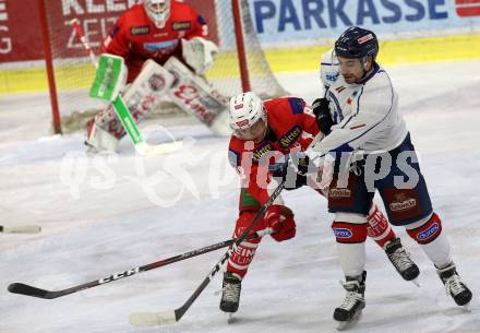 EBEL. Eishockey Bundesliga. KAC gegen	KHL Medvescak Zagreb. Clemens Unterweger,  (KAC), Nik Simsic (Zagreb). Klagenfurt, am 8.1.2019.
Foto: Kuess

---
pressefotos, pressefotografie, kuess, qs, qspictures, sport, bild, bilder, bilddatenbank