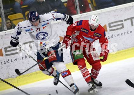 EBEL. Eishockey Bundesliga. KAC gegen	KHL Medvescak Zagreb. Marko Richter,  (KAC), Mark Cepon (Zagreb). Klagenfurt, am 8.1.2019.
Foto: Kuess

---
pressefotos, pressefotografie, kuess, qs, qspictures, sport, bild, bilder, bilddatenbank