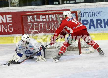 EBEL. Eishockey Bundesliga. KAC gegen	KHL Medvescak Zagreb. Andrew Kozek,  (KAC), Tihomir Filipec (Zagreb). Klagenfurt, am 8.1.2019.
Foto: Kuess

---
pressefotos, pressefotografie, kuess, qs, qspictures, sport, bild, bilder, bilddatenbank