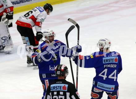 EBEL. Eishockey Bundesliga. EC VSV gegen HC Orli Znojmo. Torjubel MacGregor Sharp, Jamie Fraser  (VSV). Villach, am 11.1.2019.
Foto: Kuess 


---
pressefotos, pressefotografie, kuess, qs, qspictures, sport, bild, bilder, bilddatenbank