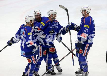 EBEL. Eishockey Bundesliga. EC VSV gegen HC Orli Znojmo.  Torjubel Markus Schlacher, MacGregor Sharp, Jamie Fraser, Matthew Pelech (VSV). Villach, am 11.1.2019.
Foto: Kuess 


---
pressefotos, pressefotografie, kuess, qs, qspictures, sport, bild, bilder, bilddatenbank