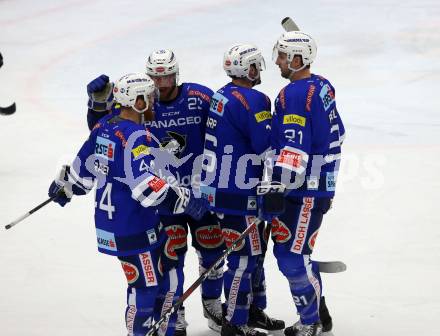 EBEL. Eishockey Bundesliga. EC VSV gegen HC Orli Znojmo.  Torjubel Markus Schlacher, MacGregor Sharp, Jamie Fraser, Matthew Pelech (VSV). Villach, am 11.1.2019.
Foto: Kuess 


---
pressefotos, pressefotografie, kuess, qs, qspictures, sport, bild, bilder, bilddatenbank