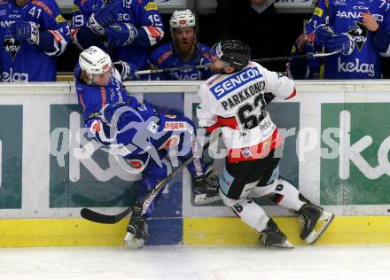 EBEL. Eishockey Bundesliga. EC VSV gegen HC Orli Znojmo. Benjamin Lanzinger,  (VSV), Patrik Parkkonen  (Znojmo). Villach, am 11.1.2019.
Foto: Kuess 


---
pressefotos, pressefotografie, kuess, qs, qspictures, sport, bild, bilder, bilddatenbank