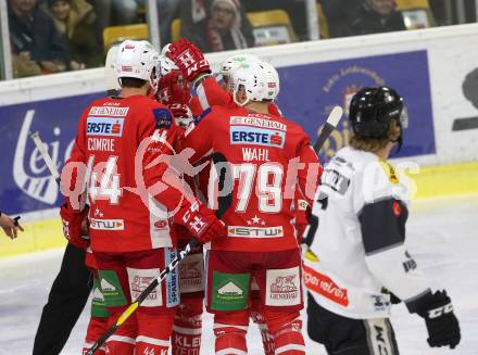 EBEL. Eishockey Bundesliga. KAC gegen	Dornbirn Bulldogs. Torjubel Johannes Bischofberger, Thomas Hundertpfund, Adam Comrie, Mitch Wahl (KAC). Klagenfurt, am 13.1.2019.
Foto: Kuess

---
pressefotos, pressefotografie, kuess, qs, qspictures, sport, bild, bilder, bilddatenbank