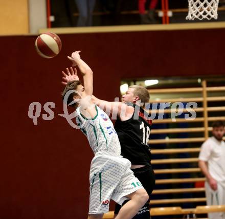 Basketball 2. Bundesliga. Grunddurchgang 14. Runde. KOS Celovec gegen   	BK Mattersburg Rocks. Samuel Seher (KOS), Claudio Vancura (BK Mattersburg Rocks). Klagenfurt, am 13.1.2019.
Foto: Kuess
---
pressefotos, pressefotografie, kuess, qs, qspictures, sport, bild, bilder, bilddatenbank