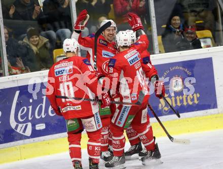 EBEL. Eishockey Bundesliga. KAC gegen	Dornbirn Bulldogs. Torjubel Thomas Koch, Nicholas Petersen, Stefan Geier, Andrew Kozek (KAC). Klagenfurt, am 13.1.2019.
Foto: Kuess

---
pressefotos, pressefotografie, kuess, qs, qspictures, sport, bild, bilder, bilddatenbank