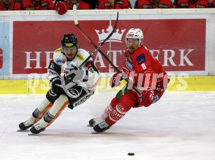 EBEL. Eishockey Bundesliga. KAC gegen	Dornbirn Bulldogs. Nicholas Eric Petersen,  (KAC), Brian Conelly (Dornbirn). Klagenfurt, am 13.1.2019.
Foto: Kuess

---
pressefotos, pressefotografie, kuess, qs, qspictures, sport, bild, bilder, bilddatenbank