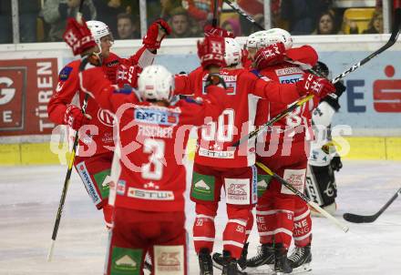 EBEL. Eishockey Bundesliga. KAC gegen	Dornbirn Bulldogs. Torjubel Andrew Jacob Kozek, Marco Richter, Matthew Neal,  (KAC). Klagenfurt, am 13.1.2019.
Foto: Kuess

---
pressefotos, pressefotografie, kuess, qs, qspictures, sport, bild, bilder, bilddatenbank