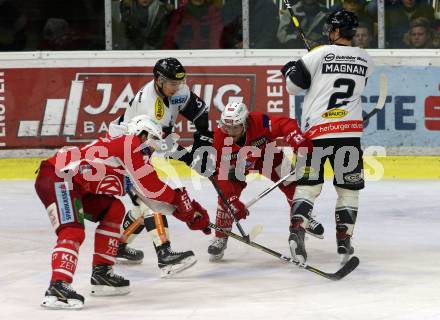 EBEL. Eishockey Bundesliga. KAC gegen	Dornbirn Bulldogs. Johannes Bischofberger, Thomas Hundertpfund,  (KAC), Jerome Gauthier Leduc, Olivier Magnan (Dornbirn). Klagenfurt, am 13.1.2019.
Foto: Kuess

---
pressefotos, pressefotografie, kuess, qs, qspictures, sport, bild, bilder, bilddatenbank