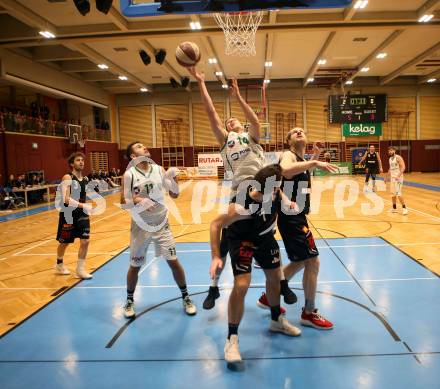 Basketball 2. Bundesliga. Grunddurchgang 14. Runde. KOS Celovec gegen   	BK Mattersburg Rocks. Toman Feinig, Lovro Fizuleto (KOS), Marko Soldo, Maximilan Huebner (BK Mattersburg Rocks). Klagenfurt, am 13.1.2019.
Foto: Kuess
---
pressefotos, pressefotografie, kuess, qs, qspictures, sport, bild, bilder, bilddatenbank