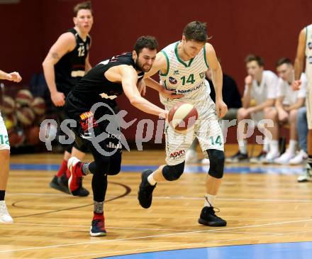 Basketball 2. Bundesliga. Grunddurchgang 14. Runde. KOS Celovec gegen   	BK Mattersburg Rocks. Lovro Fizuleto (KOS), Tobias Winkler (BK Mattersburg Rocks). Klagenfurt, am 13.1.2019.
Foto: Kuess
---
pressefotos, pressefotografie, kuess, qs, qspictures, sport, bild, bilder, bilddatenbank