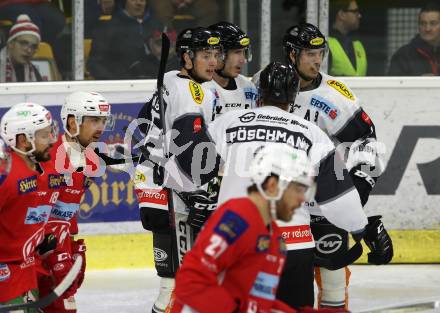 EBEL. Eishockey Bundesliga. KAC gegen	Dornbirn Bulldogs.  Torjubel Olivier Magnan, Stefan Haeussle, Brodie Dupont, Philipp Poeschmann (Dornbirn). Klagenfurt, am 13.1.2019.
Foto: Kuess

---
pressefotos, pressefotografie, kuess, qs, qspictures, sport, bild, bilder, bilddatenbank