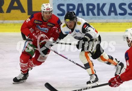 EBEL. Eishockey Bundesliga. KAC gegen	Dornbirn Bulldogs.  Clemens Unterweger,  (KAC), Brock Alexander Trotter (Dornbirn). Klagenfurt, am 13.1.2019.
Foto: Kuess

---
pressefotos, pressefotografie, kuess, qs, qspictures, sport, bild, bilder, bilddatenbank